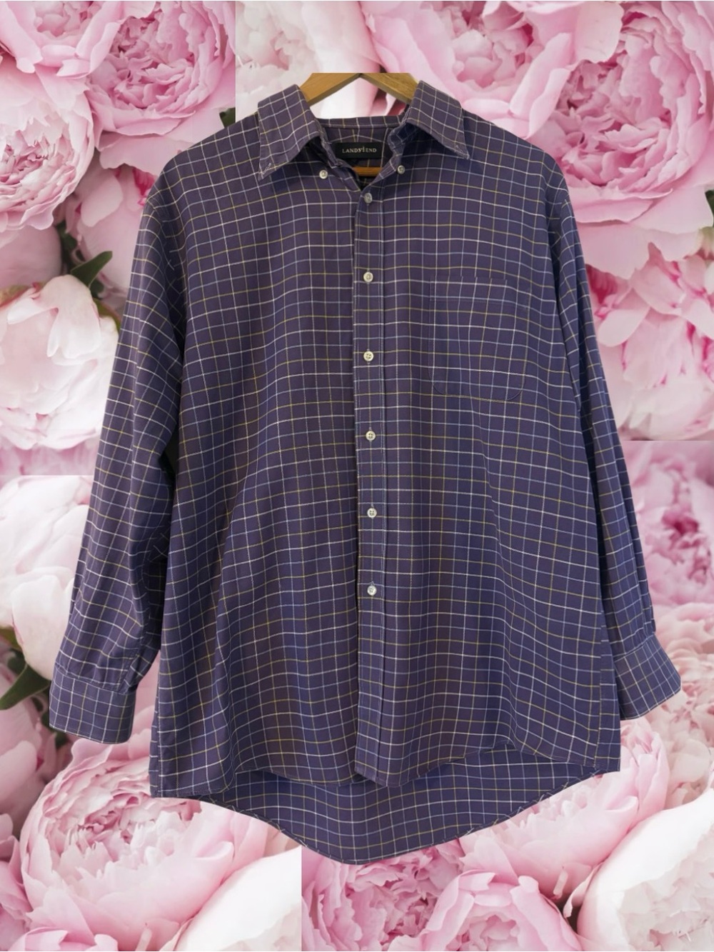 Land’s End Button Down Long Sleeve Shirt 100% Cotton Check Plaid Purple